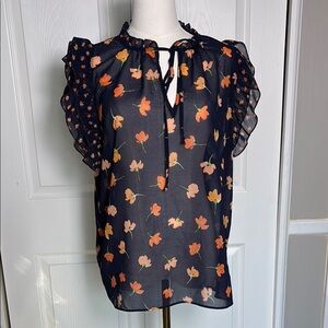 CAbi Floral Ruffle Sleeve Sheer Top - Navy and Orange